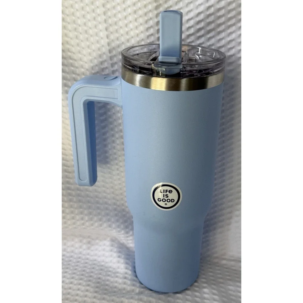 Life Is Good 30oz Blue Dog Travel Mug Tumbler w/ Handle Drink-Through Lid Straw